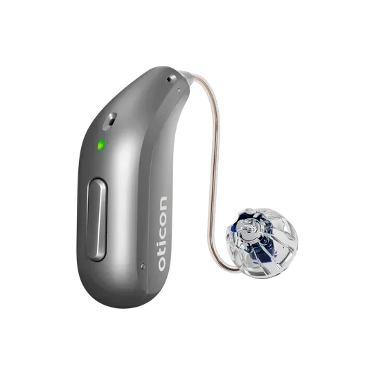 Oticon Intent miniRITE rechargeable hearing aid in steel grey
