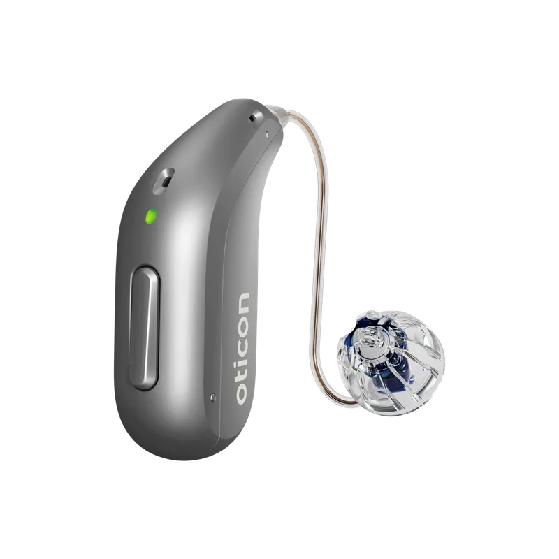 Oticon Reveal miniRITE R rechargeable hearing aid in steel grey