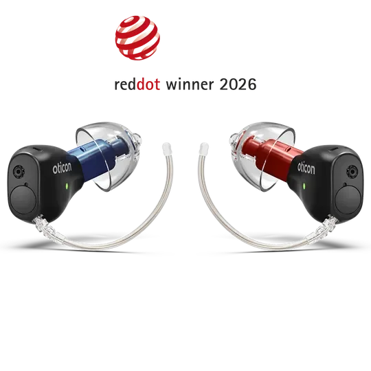 Two Oticon Zeal hearing aids, winner of the Red Dot Design Award 2026