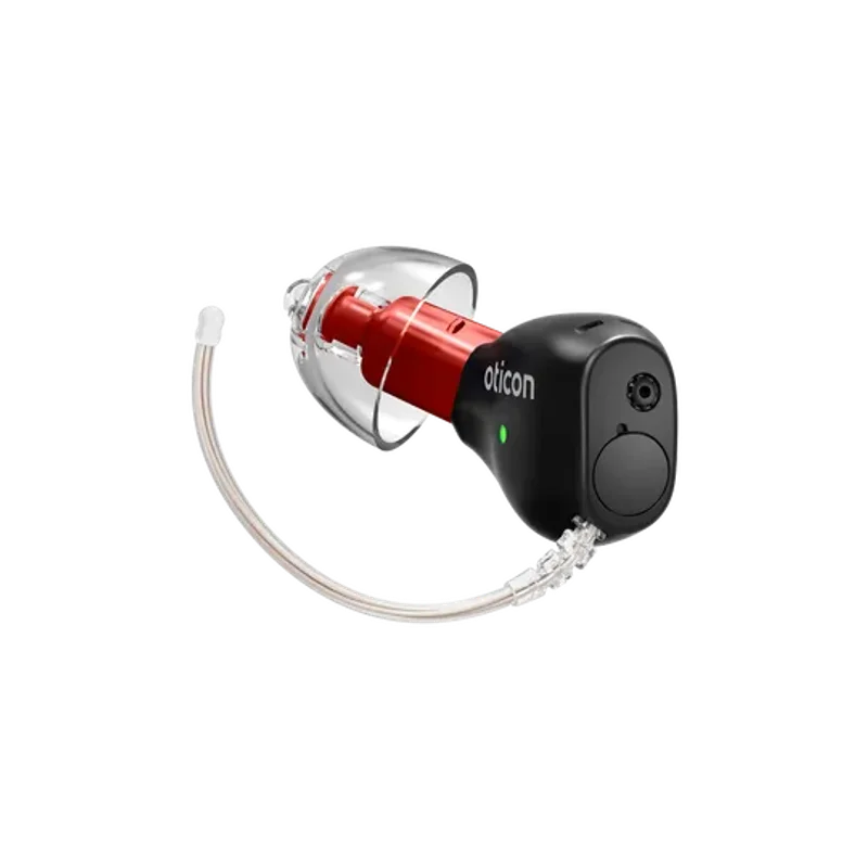 Oticon Zeal instant-fit in-the-ear hearing aid in matte black, shown at an angle